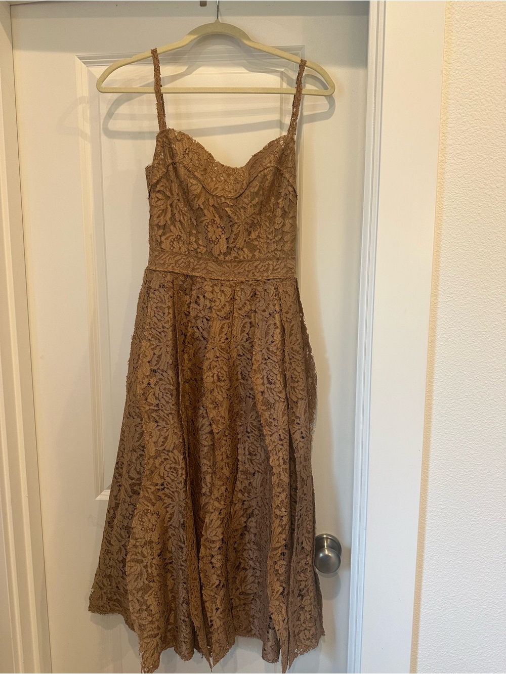 Women's Lace Midi Dress in Tan - Spaghetti Strap A-Line